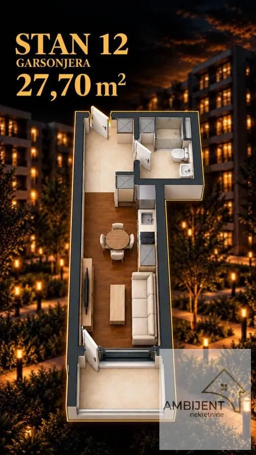 Osnova garsonjere površine 27,70 m² sa nameštajem i balkonom.