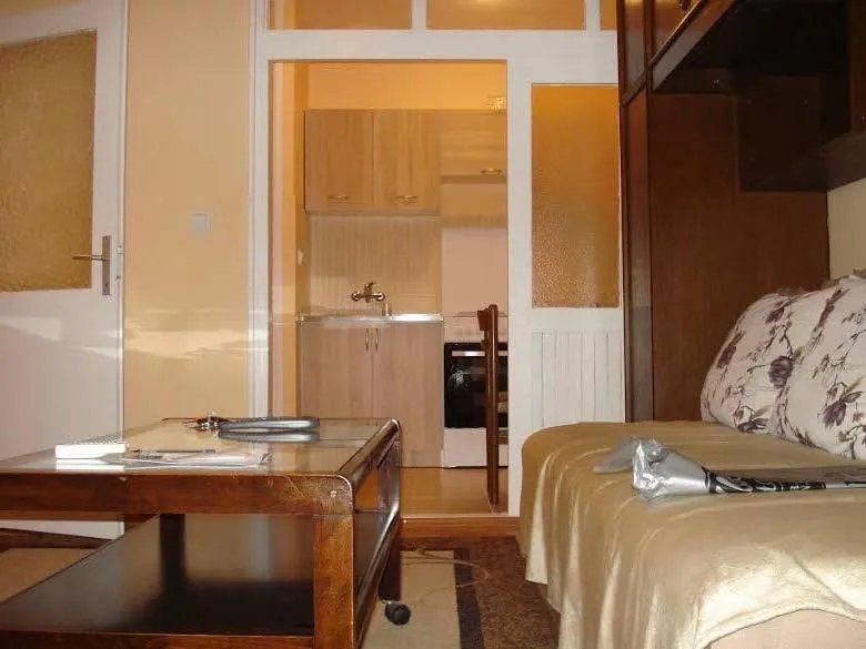 Living room with a sofa and coffee table, looking towards the kitchen.