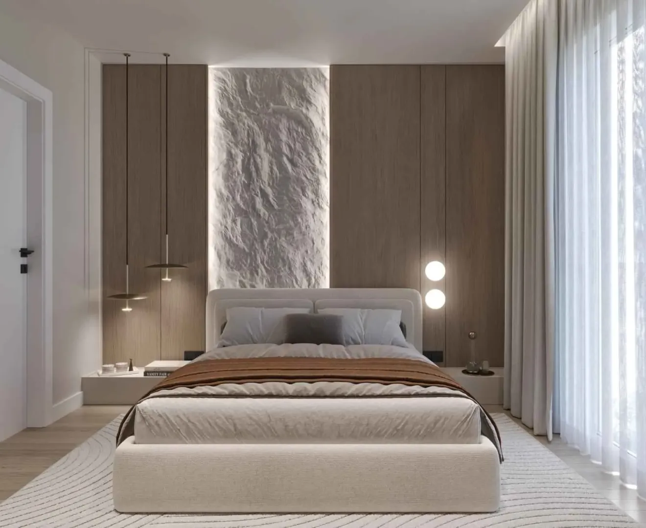 Modern bedroom with a double bed and wooden wall panels.