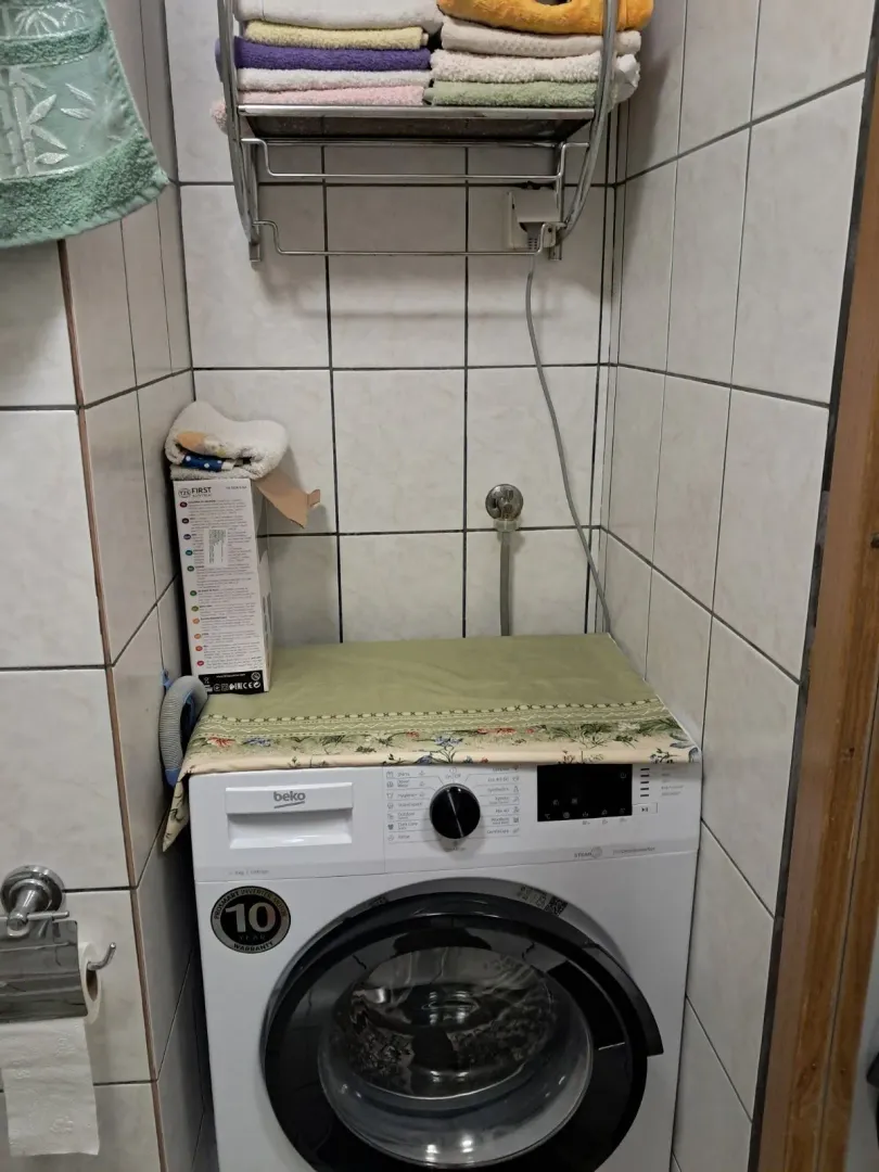Bathroom with a washing machine and a towel shelf.