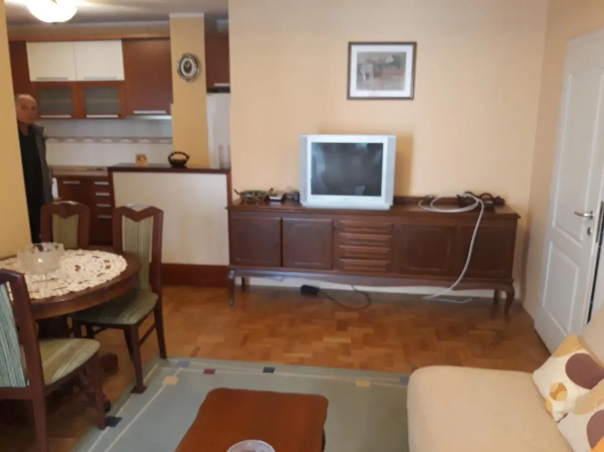 Dnevni boravak sa trpezarijom i pogledom na kuhinju u pozadini.