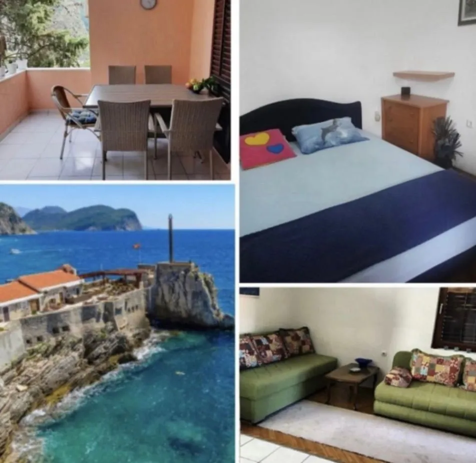 A photo collage showing the terrace, bedroom, living room, and sea view.