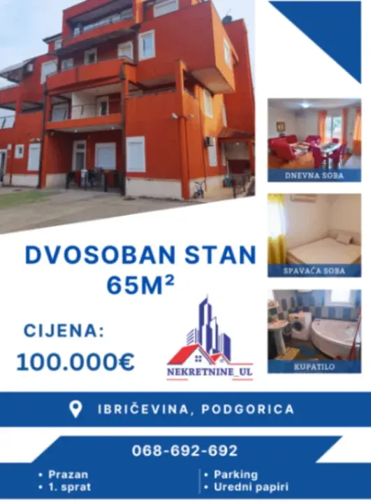 Sale, two bedroom apartment, 65m², Ibričevina, Podgorica