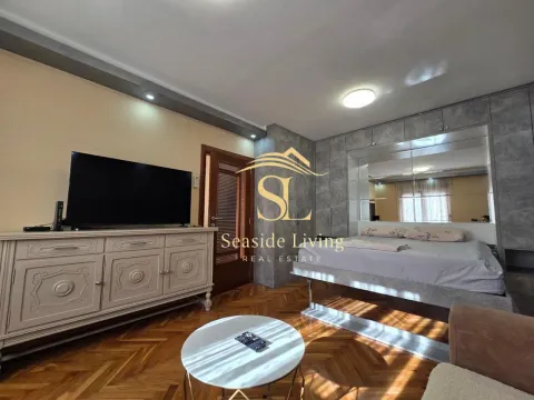 Furnished bedroom with a double bed, closets, and a TV. - image 3