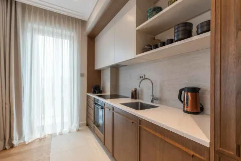 Moderna kuhinja sa drvenim elementima, bijelim radnim površinama i ugrađenom rernom. - image 21