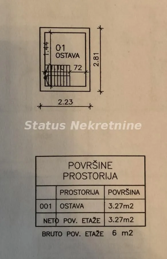 Osnova i tabela površina ostave sa dimenzijama.