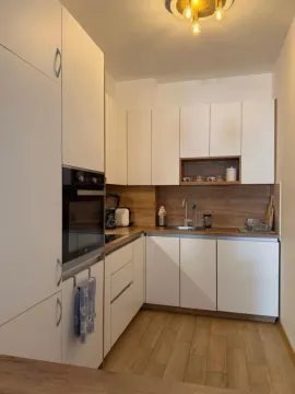 Small modern kitchen with white cabinets and wooden countertops. - image 9