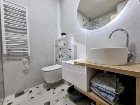 Modernly equipped bathroom with a washbasin and toilet. - image 9