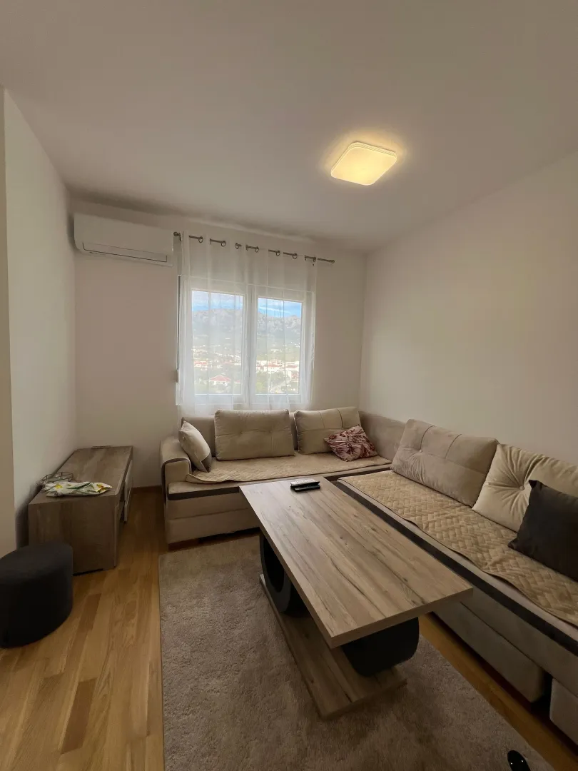 Living room with a sectional sofa, coffee table, and air conditioning.