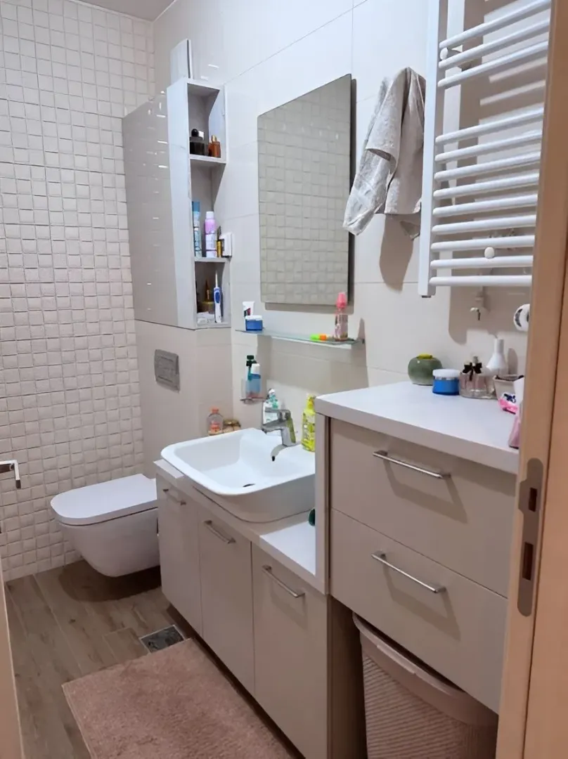 Small bathroom with a vanity, cabinet, mirror, and toilet.