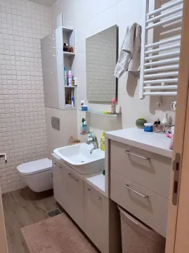 Small bathroom with a vanity, cabinet, mirror, and toilet. - image 8