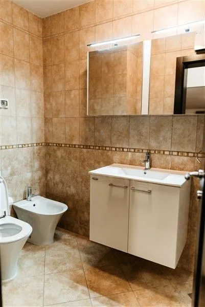 A bathroom featuring a bidet, a sink vanity, and a mirror cabinet.