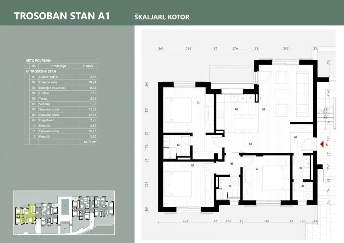 Prodaja, trosoban stan, 88m², Kotor, Crna Gora