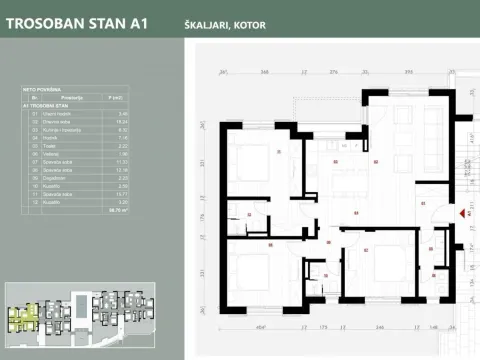 Prodaja, trosoban stan, 88m², Kotor, Crna Gora