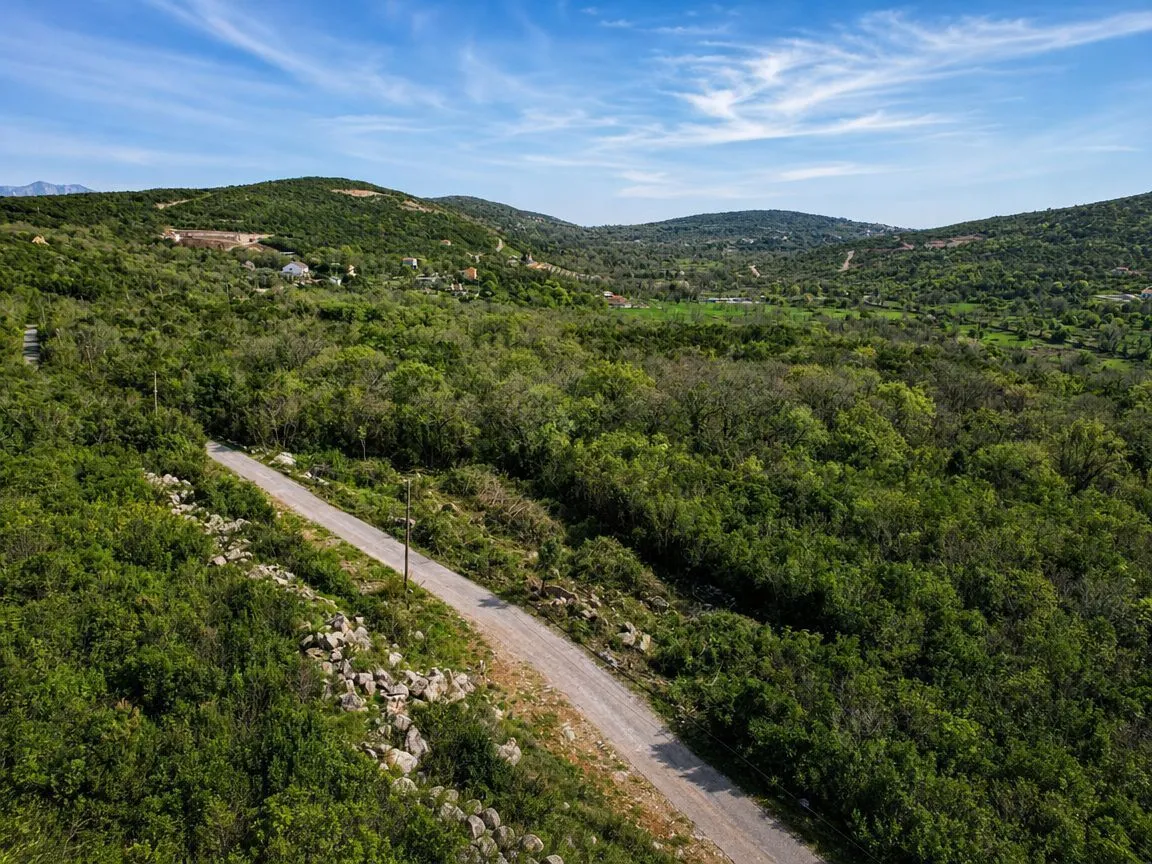 Pogled iz vazduha na okolnu prirodu, šume i brda sa putem.