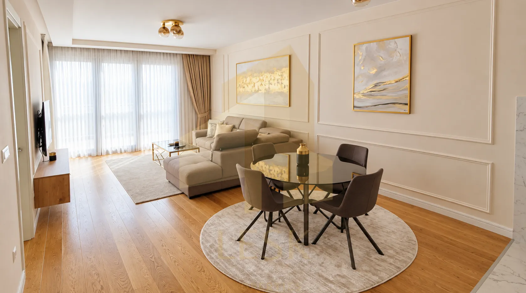 Modern living room with dining area and sofa.