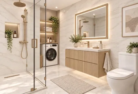 Modern bathroom with a walk-in shower, vanity sink, and integrated washing machine. - image 4