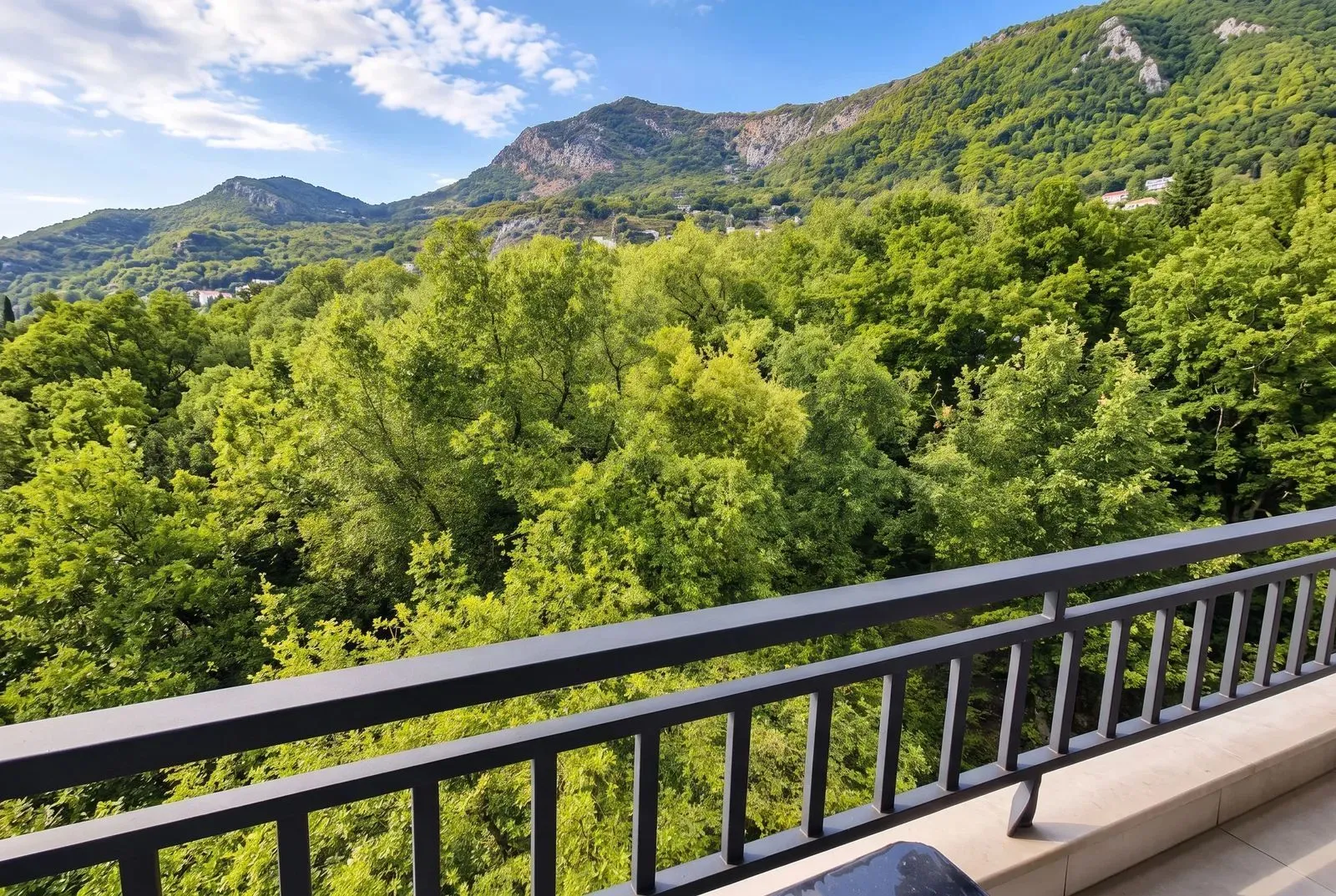 View from the balcony overlooking green forests and mountains.