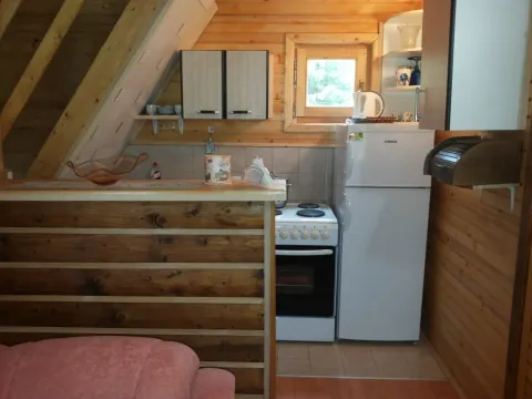 Mala kuhinja u drvenoj kući sa šporetom i frižiderom. - image 19