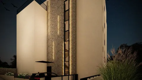 Noćni prikaz eksterijera moderne stambene zgrade sa osvjetljenom fasadom i detaljima od kamena. - image 7