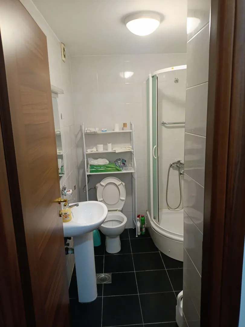Manje kupatilo sa tuš kabinom, umivaonikom i WC šoljom.