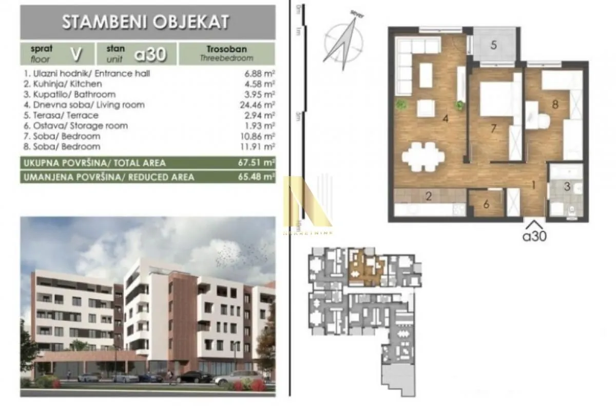 Sale, three bedroom apartment, 65m², Bulevar patrijarha Pavla, Novi Sad Sve Podlokacije