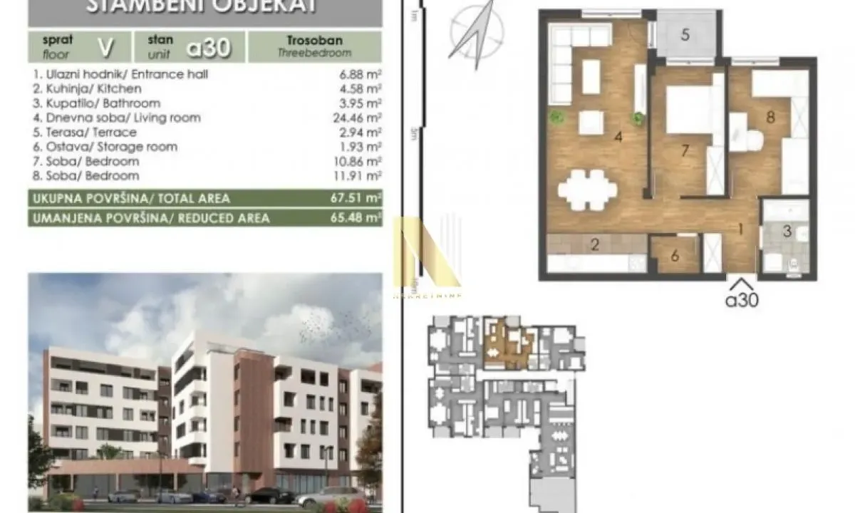 Prodaja, trosoban stan, 65m², Bulevar patrijarha Pavla, Novi Sad Sve Podlokacije