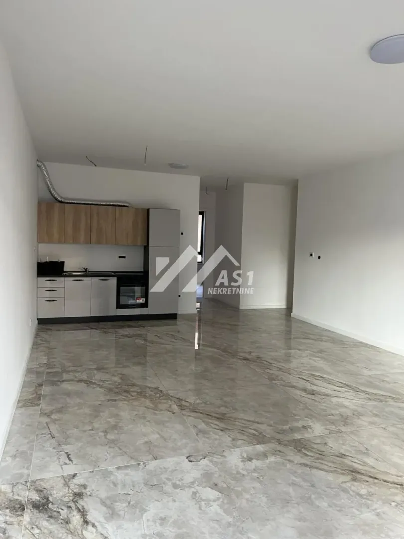 Small kitchen with built-in appliances in an open space.