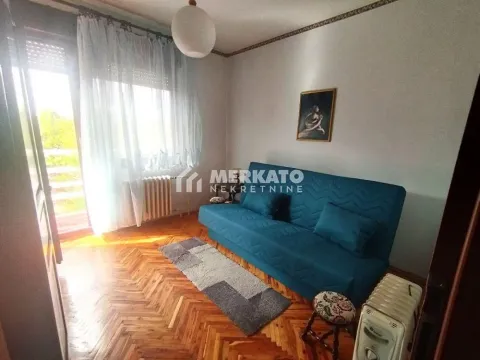 Dnevna soba sa plavim kaučem, drvenim parketom i izlazom na terasu. - image 11