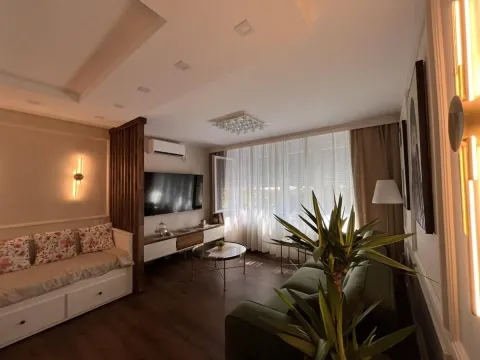 Dnevna soba sa garniturom, televizorom i drvenim pregradnim paravanom. - image 3