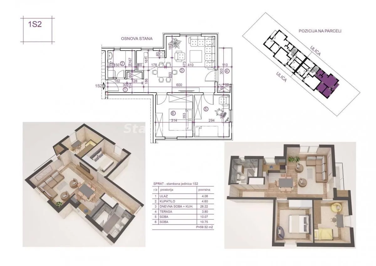 Osnova stana sa rasporedom prostorija, dimenzijama i 3D prikazima.