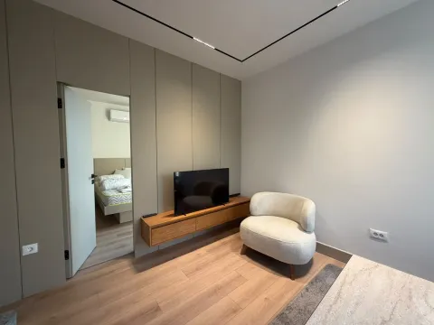 Moderan dnevni boravak sa foteljom i TV komodom, uz pogled na spavaću sobu. - image 6