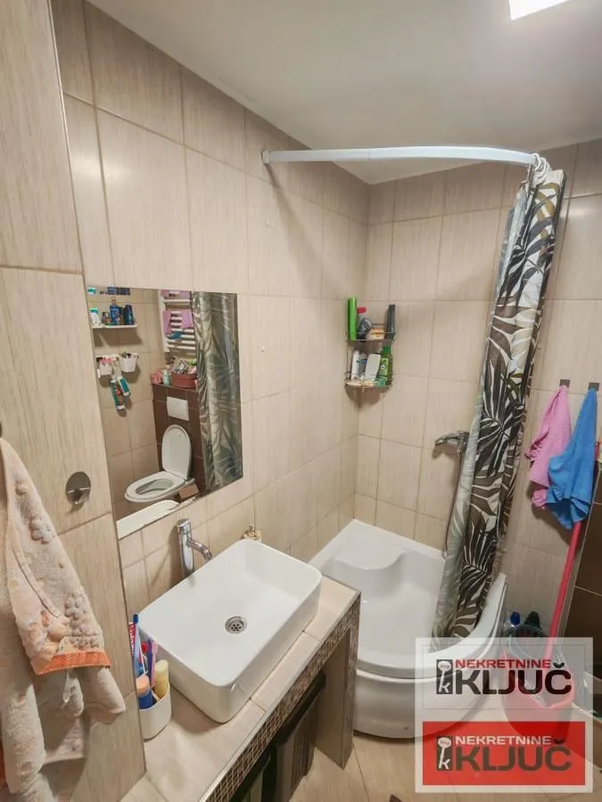 Manje kupatilo sa tuš kabinom, umivaonikom i ogledalom.