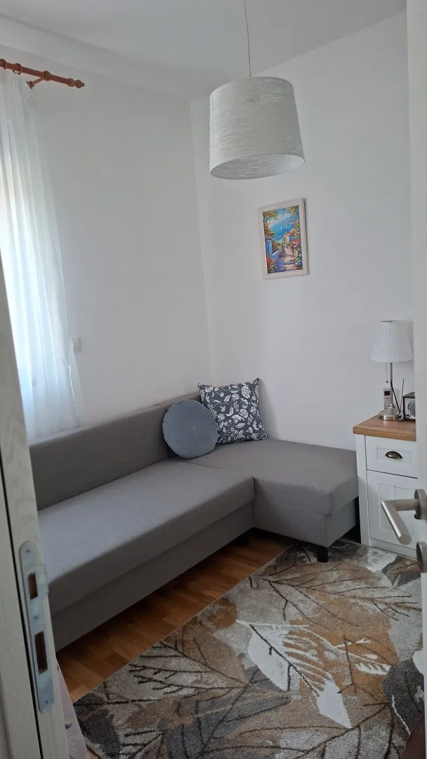 Manja dnevna soba sa ugaonom garniturom i tepihom.