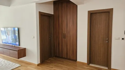 A hallway with wooden doors and a built-in closet in an apartment. - image 7