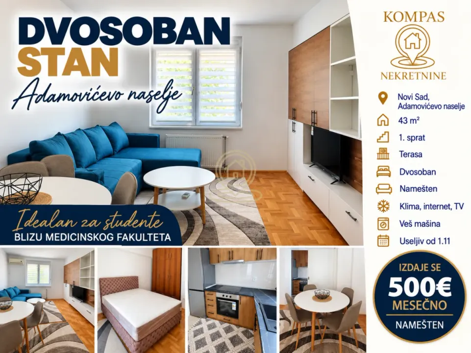 Izdavanje, dvosoban stan, 43m², Adamovićevo Naselje, Novi Sad Sve Podlokacije