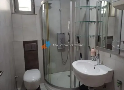 Bathroom equipped with a shower cabin, washbasin, toilet, and a mirror. - image 19