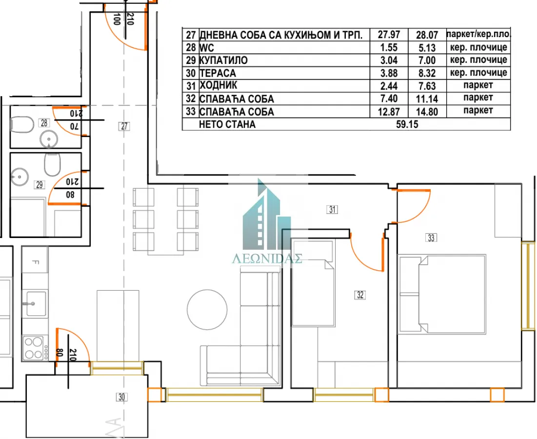 Sale, two bedroom apartment, 59m², Donja Vrežina, Niš