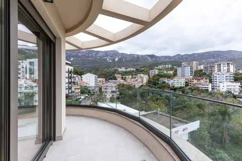 Prostrana polukružna terasa sa staklenom ogradom i pogledom na grad i planine. - image 3