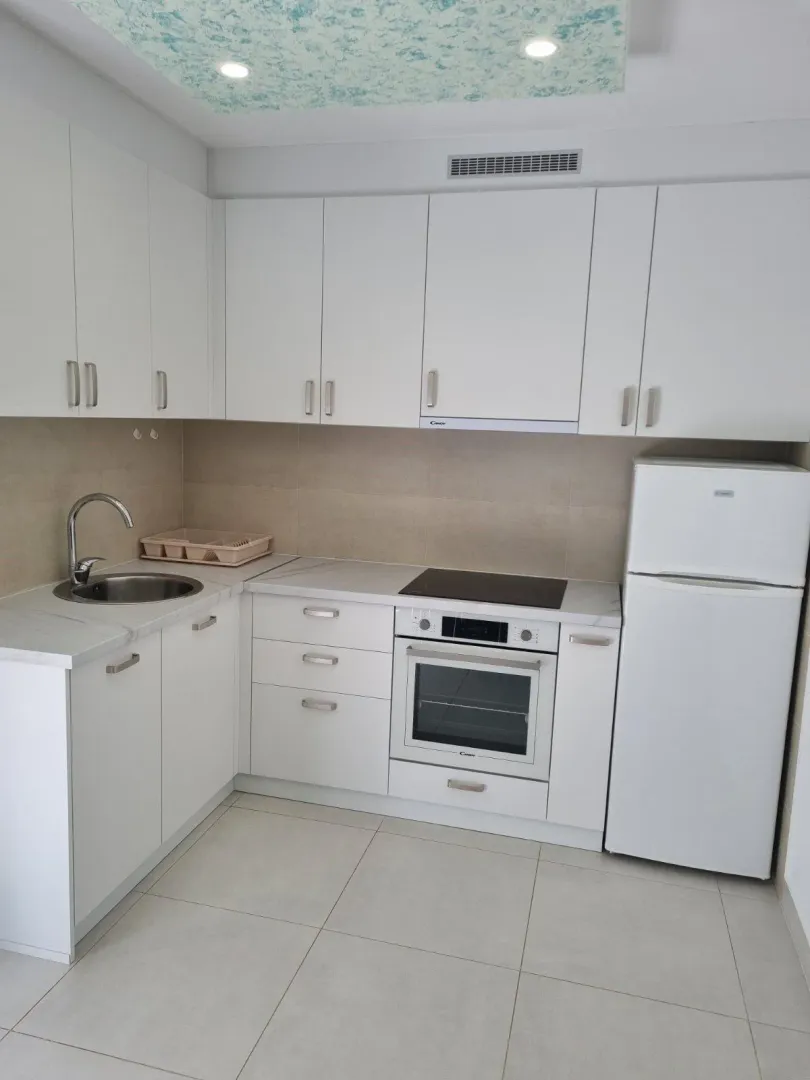 Bijela kuhinja sa ugradnim uređajima i frižiderom.