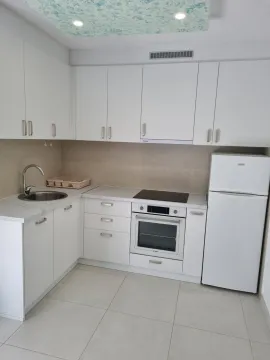 Bijela kuhinja sa ugradnim uređajima i frižiderom. - image 7