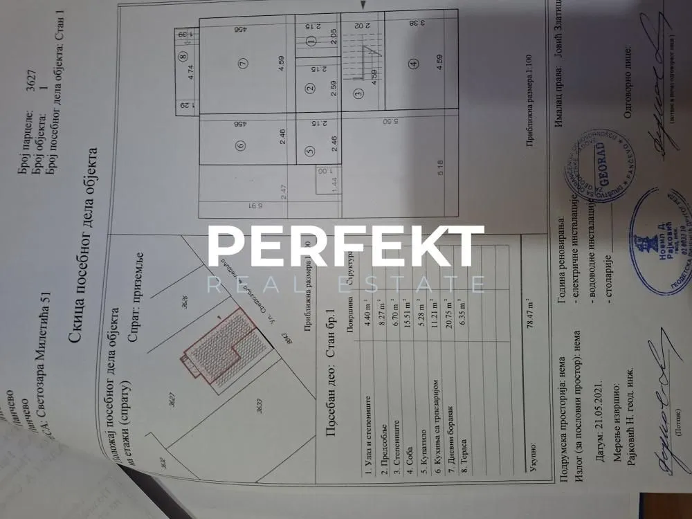 Skica posebnog dela objekta sa tabelom površina i tehničkim podacima.
