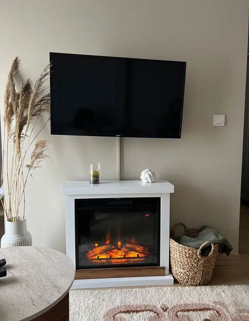 Living room with a TV, fireplace, and decorative elements.