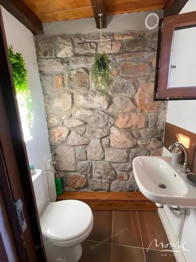Manje kupatilo sa lavaboom, WC šoljom i zidom od kamena.