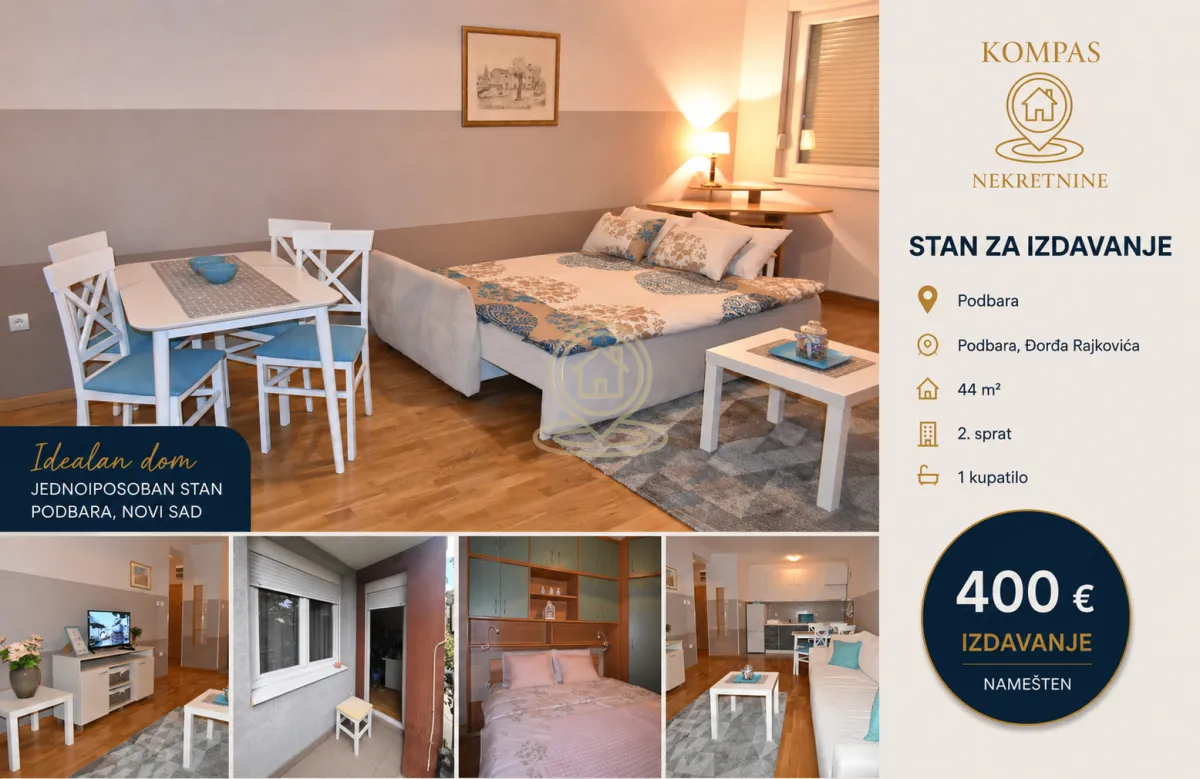 Izdavanje, jednosoban stan, 44m², Podbara, Novi Sad Sve Podlokacije