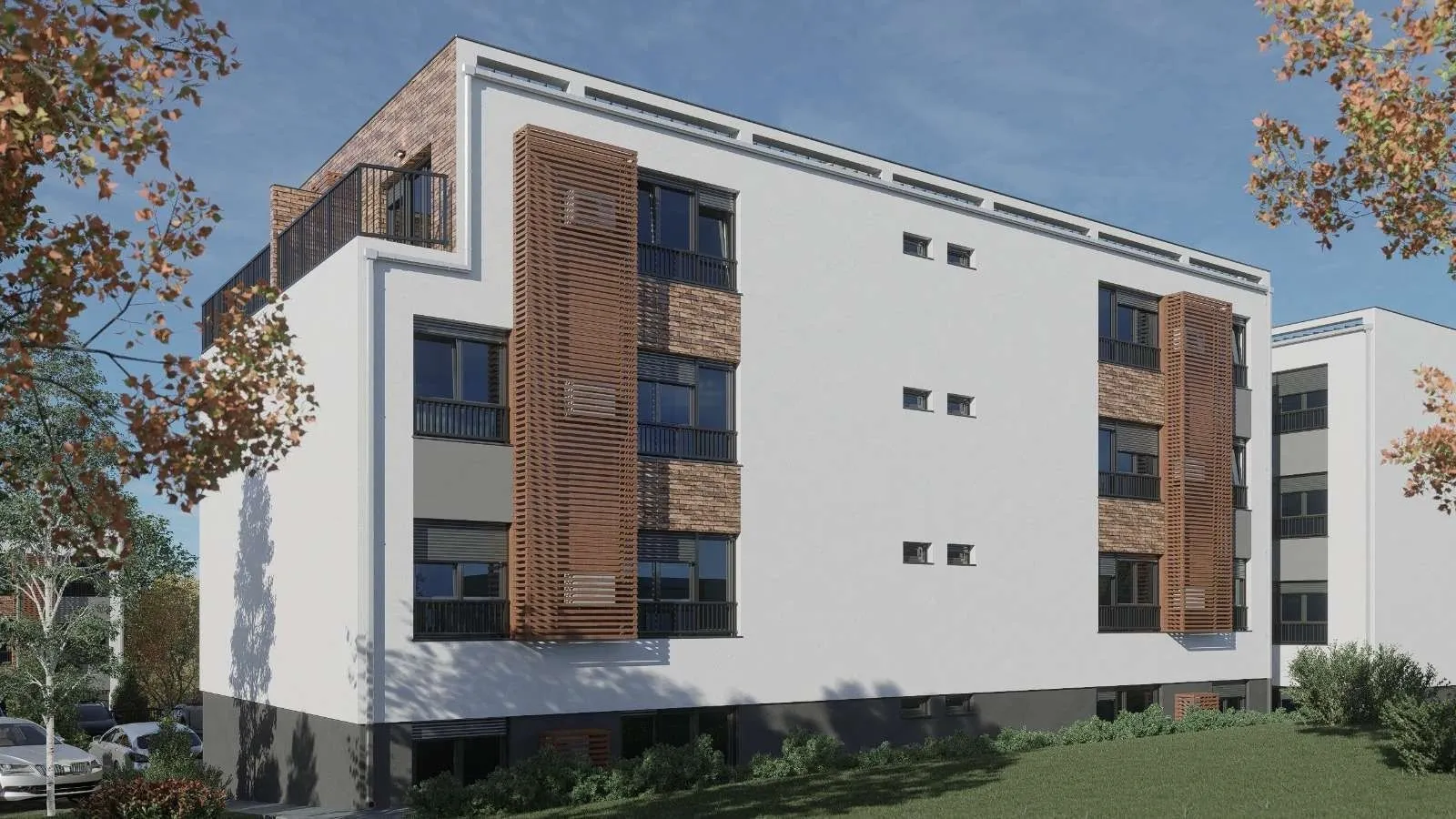 Pogled na spoljašnjost moderne stambene zgrade sa drvenim detaljima i terasama.
