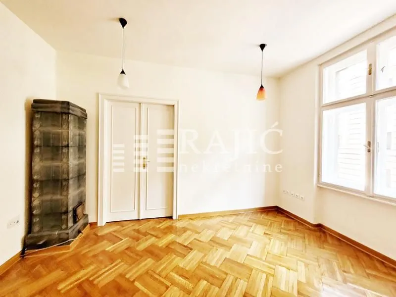 Empty room with parquet flooring, a traditional wood-burning stove, and white doors.
