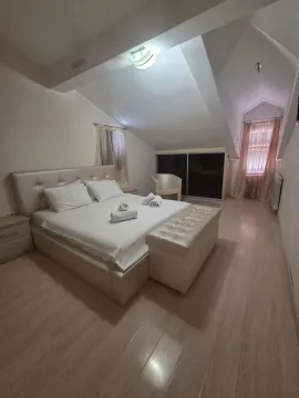 Prostrana spavaća soba sa bračnim krevetom i kosim plafonom u potkrovlju. - image 10