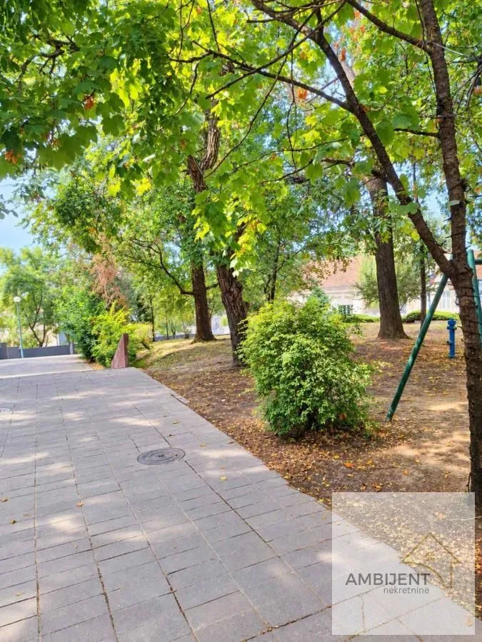 Popločana staza i drveće u dvorištu zgrade.