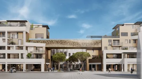 3D prikaz moderne stambene zgrade sa popločanim dvorištem. - image 3